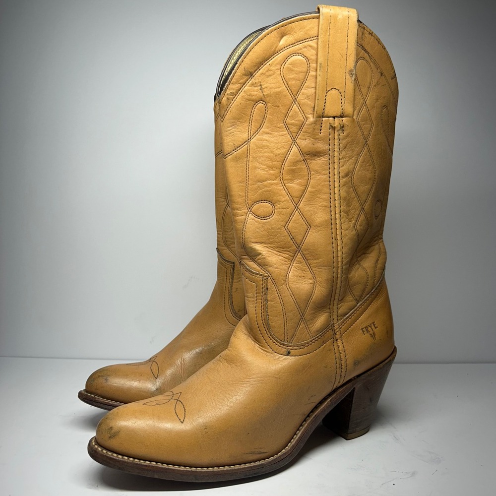 Frye 8878 Western Cowboy Boots Tan Leather Women Size 8.5 B Vintage Made in USA